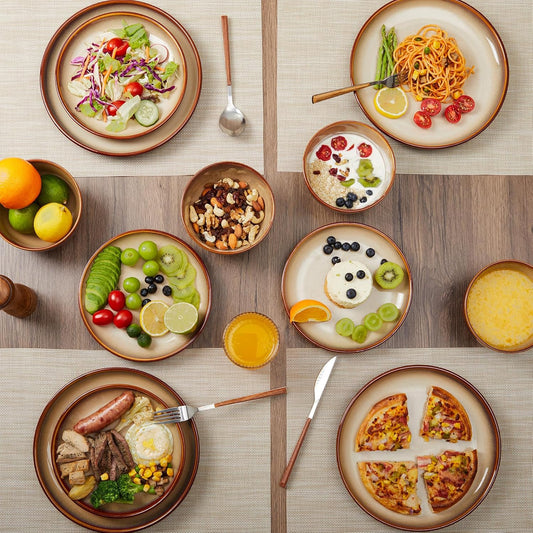 Close-up of Sorevia reactive glaze ceramic plate with brown-yellow gradient