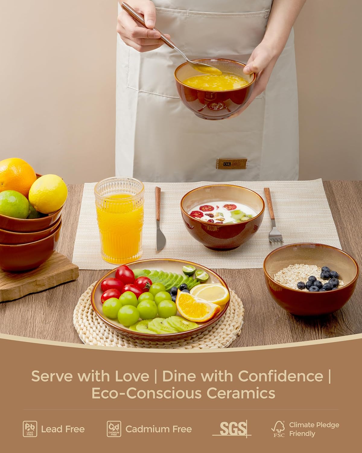 Close-up of Sorevia ceramic bowl showing reactive glaze brown-yellow gradient