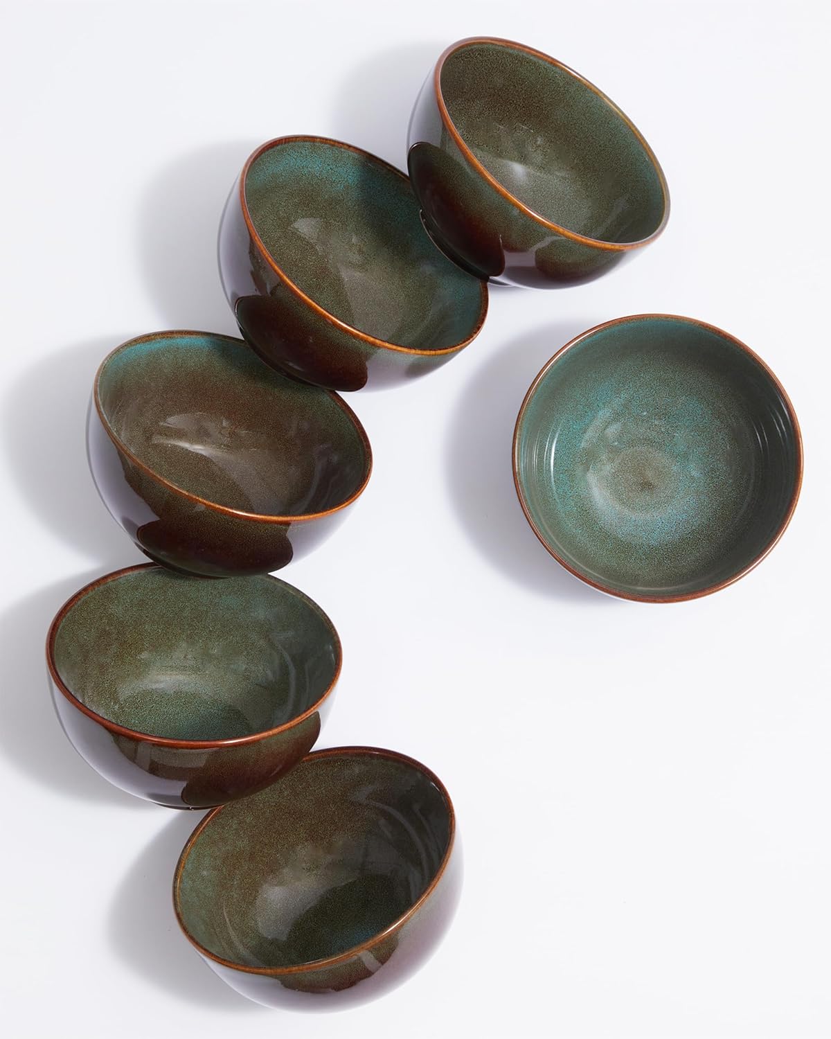 Sorevia Brown Green Stoneware Cereal Bowls Set of 6 on dining table