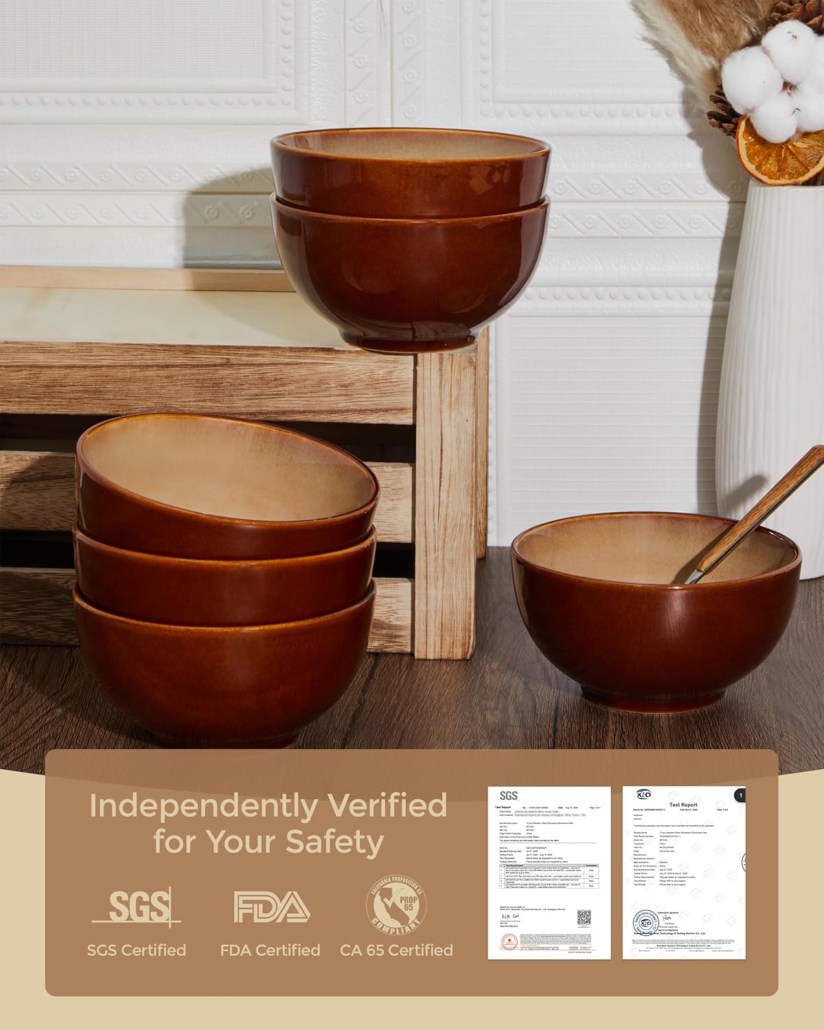 Sorevia Brown Yellow Reactive Glaze Bowls Set of 6 displayed on dining table