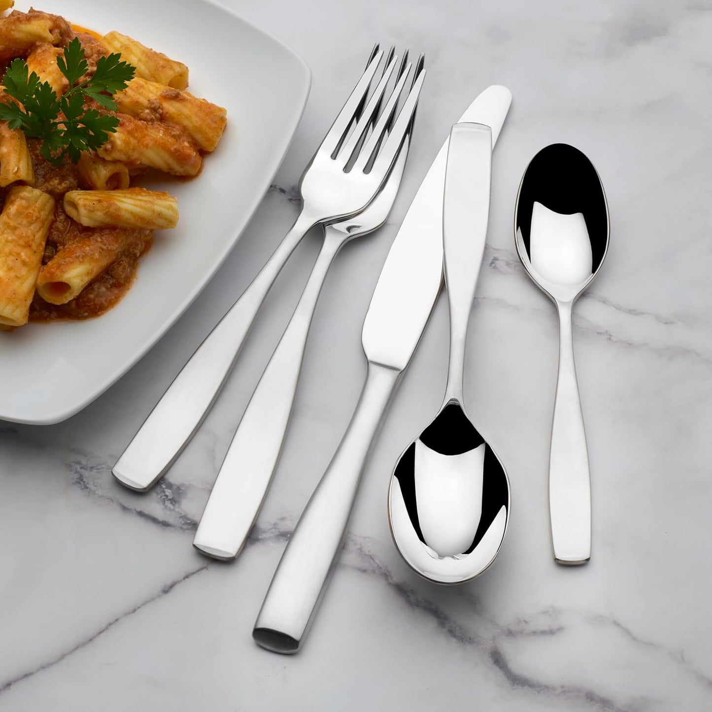 Sorevia stainless steel fork, knife, and spoon detail shot