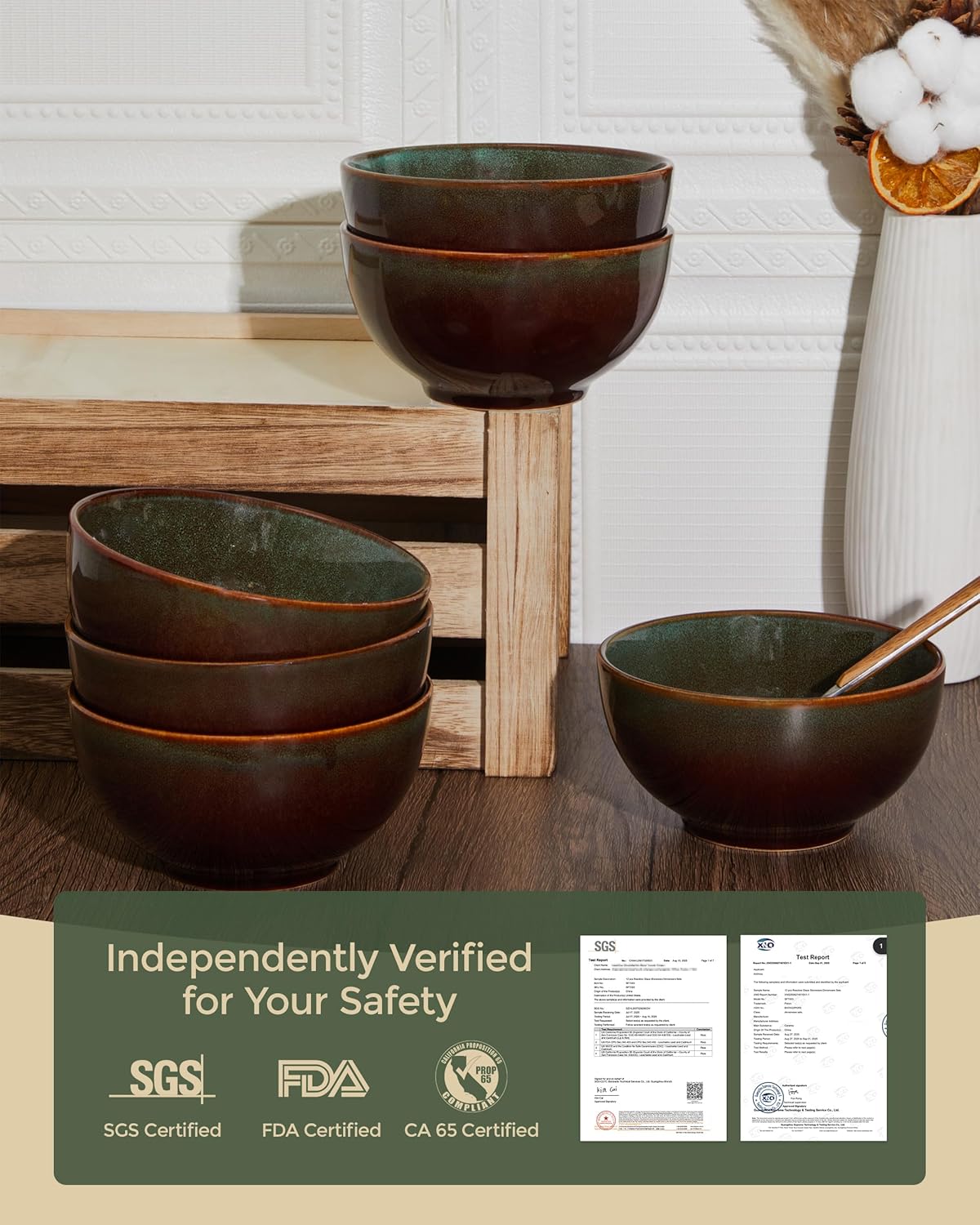 Sorevia stoneware bowls filled with soup and salad in kitchen setting